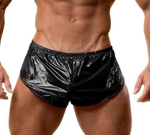 Muscle Alive Herren Extrem PU Kurze Hose mit Groß Teilt Seiten Unterwäsche Boxershorts Slip Unterhosen Schwarz M