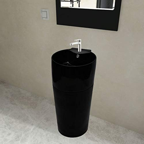 Chaduof Keramik Standwaschbecken mit Hahn/Überlaufloch, Waschbecken, Standwaschbecken, Bathroom Sink, Standwaschtisch, Waschbeckenunterschrank, schwarz rund