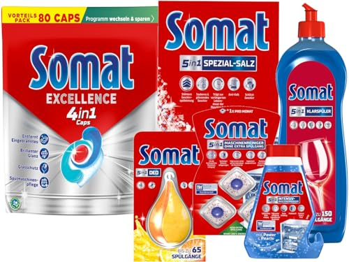 SOMAT 4in1 Caps 77 AW Excellence, schnellauflösende Spülmaschinentabs, für exzellente Reinigung + Klarspüler + Intensiv-Maschinenreiniger + Spezial-Salz + Deo Perls + Maschinenreiniger