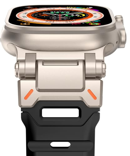 NewWays Compatible avec Apple Watch Bracelet 49 mm, 46 mm, 45 mm, 44 mm, 42 mm (Series 3 2 1), bracelet souple en silicone FKM pour iWatch Ultra 3 2 1 Series 10 9 8 7 6 5 4 3 2 1 SE Noir/titane