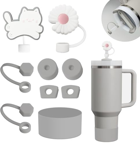 Mefaster Cup Accessories Set Includes 6Pcs Silicone Spill Proof Stopper, 2Pcs Straw Cover Cap for 9-10 mm Straw, 1Pcs Silicone Boot Compatible with Stanley Cup 40oz&30oz Tumbler(Ash), standard