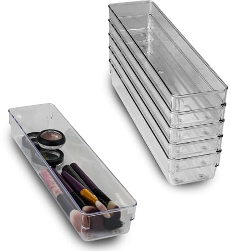 6x Schubladen Ordnungssystem 32x8 cm klar transparent 5,5 cm hoch Antislip - Organizer für Schminktisch Kosmetik Bad Küche Büro Box Kiste Besteck Aufbewahrungsbox klein Ordnungsbox Schubladeneinsatz