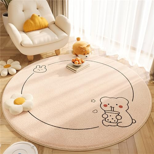 Ueiwffzo Runder Teppich Kurzflor Kinderteppich Weich rutschfest Flauschig Teppich, Wohnzimmerteppich Dekoration für Wohnzimmer Schlafzimmer Kinderzimmer (Milchtee Bärchen,60CM)