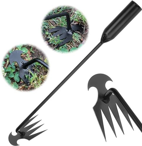Generic 4 Teeth Weed Puller-19.6 inch Multifunctional Hand Weeder Garden Tools Dual Purpose Manual Weeders Tool Garden Weeder Rake for Home Garden (Black)