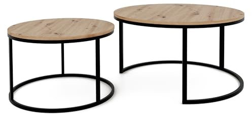 GREKPOL Couchtisch 2er Set - Runde Couchtische 48x70 + 42x50 cm - Rund Couchtisch Schwarz mit Artisan - Coffee Table - Kafeetisch