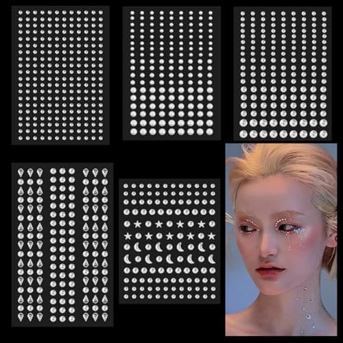 Flat Back Pearls and Rhinestone Sticker, 850Pcs Face Gems Stick on Pearls for Crafting Self Adhesive Multicoloured Stickers Diamonds Rhinestones 5 Sheets Makeup Gems Stickers for Hair, Nail, Clothes