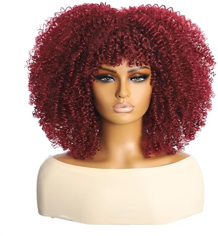 Topcosplay Afro Perücke Lockige Blond Perücke mit Pony für Frauen Natürlich Synthetische Haar Perücken für Halloween Kostüm (Weinrot)