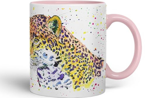 Vixar Jaguar Big Cat Safari Animals Watercolour Ceramic Coloured Mug Cup for Tea Coffee Hot Brew 330ml 11Oz Gift (Pink)
