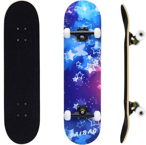ERNAN Skateboard 31x8 Zoll für Kinder Jugendliche Erwachsene, komplettes Standard-Skateboards, 7 Schichten Ahorn-Deck, konkaves Skateboard (Starry Sky)