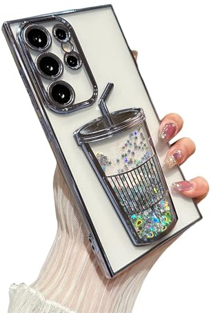 BROIEEN Transparent 3d Milk Tea Cup Soft Mobile Phone Case For Samsung，Gradient Glitter Quicksand Milk Tea,Tpu Electroplating Gradient 3d Phone Case (S22Ultra,sliver a)