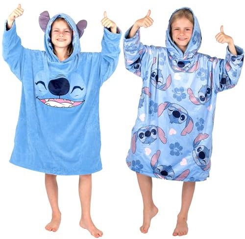 Disney Stitch - Felpa con cappuccio oversize reversibile per bambini, super morbida, in pile double-face, regalo per ragazze, taglia unica, blu, Blu, Taglia unica