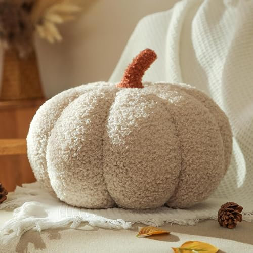 ACUYE Kürbis Kissen - Halloween 3D Plüsch Kürbis Dekokissen, Herbst Deko Aesthetic Kissen, Dekokissen Kürbis Perfekt für Gemütliche Herbststimmung und Halloween (Creme, 20cm)