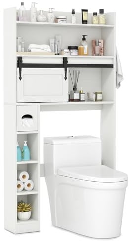 COSTWAY Over Toilet Storage Unit, Freestanding Bathroom Space Saver With Sliding Barn Door, Paper Holder and Adjustable Shelves, Wooden Cabinet Organizer Rack (White)