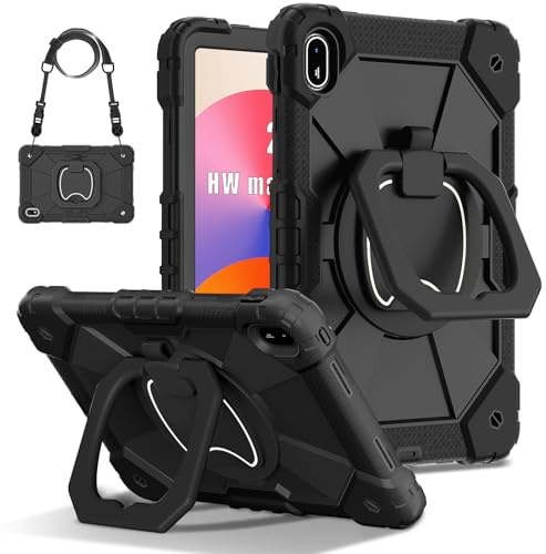 Funda para Huawei MatePad SE de 11 pulgadas 2024 AGS6-W00: con soporte para lápices, soporte giratorio para colgar con asa, cubierta resistente a los golpes con correa para el hombro (negro + negro)