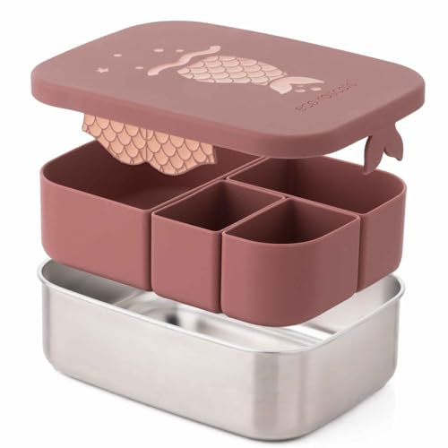 eco rascals Stainless Steel Bento Lunch Box 1600ml - Leakproof Lunch Box for Work and School, Cute Lunch Box With Divided Sections, 4 Removable Compartment Food Container, BPA Free (Rose Pink)