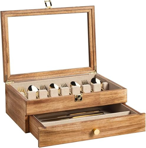 Emfogoo Cuberteros para Cajon Cocina, 2 Pisos Organizador Cubiertos de Madera, Cubertero Decorativo de Plata con Tapa de Cristal, , para Cucharas Tenedores Cuchillos, 14.5 × 10.6 Inch (Marrón Vintage)