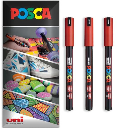 Posca - Water Based Permanent Marker Paint Pen - Multi Surface Use - PC-1MR - Pack of 3 Pens in Wallet (Red)