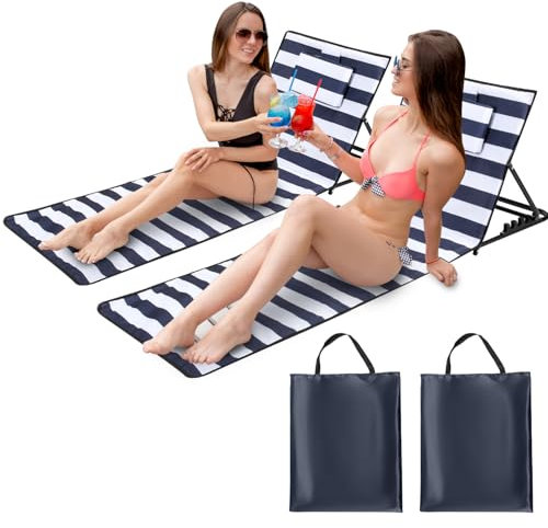 Ikodm Strandmatte faltbar,strandmatten gepolstert,Strandliege mit Handtasche,Staufächern,eingebautes Kissen mit 5-Gang-Einstellung, verschleißfestes Gewebe (158cm,Blau-Weiß-Streifen,Zwei)