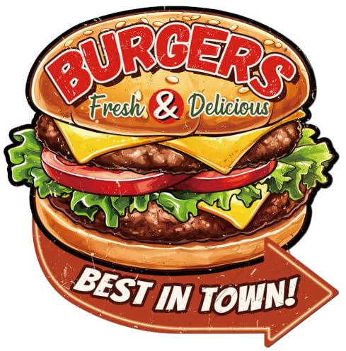 WADORN Vintage Metallblechschilder Mit Burger, Burger Retro Schild Wandkunst Dekor Cooles Zeug Dekoratives Poster Für Zuhause Küche Restaurant Kaffee Bar Kneipe Wand 28.5 x 28cm