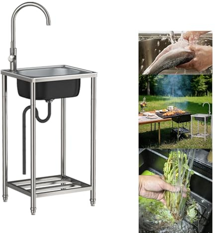 Ausgussbecken aus Edelstahl Freistehendes Spüle Eckwaschbecken Einzelkaltwasser für Keller Waschküche Garten Camping Keller Spülbecken inkl Ablaufgarnitur (50cm)