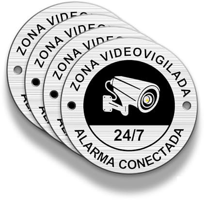 FloraVigo Panel de cámara, 4 etiquetas de alarma de casa, Ø 85 mm, panel de alarma de seguridad, interior/exterior, panel de aluminio, placa de alarma con pegatinas (ZONE VIDEOVIGILADA)