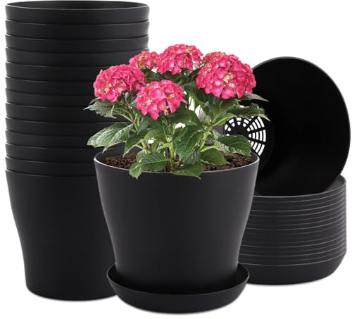 ZOFUN 20 Pcs 14 cm Flower Pots, 5.5 x 4 inch Black Plant Pots with Drainage Bottom Trays, Small Plant Pots for Herb, Garden, Home Indoor