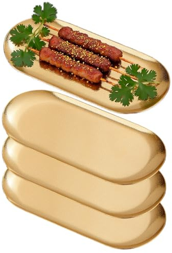 Ovales längliches Serviertablett aus Edelstahl 21x9.5cm,Gold,4er Set,stapelbarer Snackteller für Pommes Frites, Hähnchenflügel, Fingerfood, BBQ Gastronomie