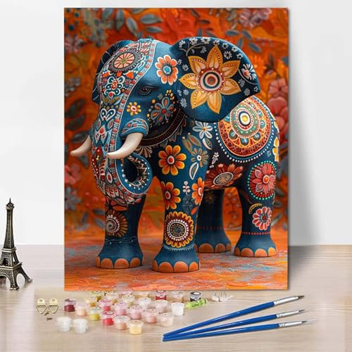 Peinture Numero Adulte éLéPhant Peinture Numero Animal Paint by Numbers Kit avec 3 Pinceaux et Acryliques Activité Manuelle Adulte Facile Sur Toile pour Decoration Maison, Cadeau 40 x 50 cm -CW2504IU