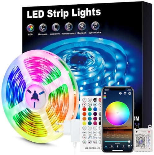 Beaeet Striscia LED 10 Metri 24V RGB, Luci LED Camera da Letto con Telecomando & App Bluetooth, Strisce LED Adesive per Interni, Plafond, Gaming, LED Strip Light Tagliabile, Luce LED RGB 5050 (1×10m)