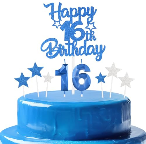 mciskin königsblau zum 16. Geburtstagskerzen Kuchentoppe Set, zum 16.Geburtstag Dekor für Jungen,Zahl 16 kerzen für Kuchen,königsblau Kuchentoppe mit Stern für Mädchen und Jungen Geburtstag Partei