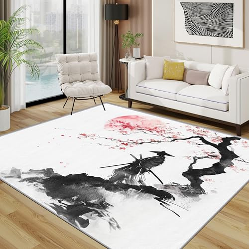 TerroVee Japanisch Teppich Wohnzimmer 160x230 cm, Samurai Orientalisch Traditionell Teppiche, Sonnenuntergang Asiatisch Waschbar Kurzflor Groß Teppiche Für Schlafzimmer Kinderzimmer, Schwarz Weiß Rot