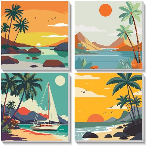 NEWENMO 4 Pièces Beau Paysage Peinture par Numéro avec Cadre 20x20cm | Beau Paysage Peinture par Numéro,DIY Paint by Numbers,Peinture à l'huile avec Cadre pour Décoration Salon Bureau
