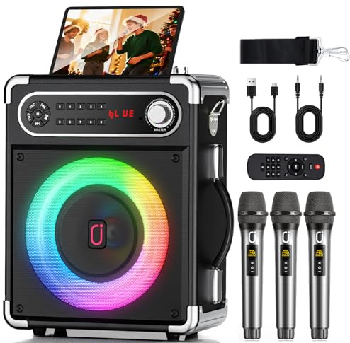 JYX Karaoke Machine with 3 Wireless Microphones, Portable Bluetooth Speaker with Echo Effect, Bass Treble Adjustment, Disco Lights, Support SD Card/USB/AUX/TWS/TV/FM/REC for Home Party Outdoor