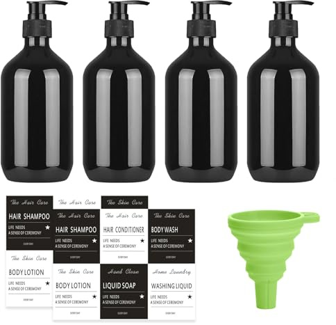 Soap Dispenser Set, 4 Pcs Shampoo and Conditioner Dispenser, 500 ML Refillable Shampoo and Conditioner Bottles Shampoo Bottle Pump Dispenser with Funnel Label for Bathroom or Hotel(Black)