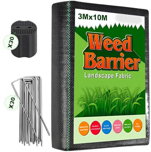 Weed Membrane 3m x 10m with 30 Garden Pegs, Heavy Duty Weed Control Membrane & Garden Membrane, UV Stabilised Ground Cover Fabric for Landscaping, Artificial Grass, Patio, Paths, Flower Beds