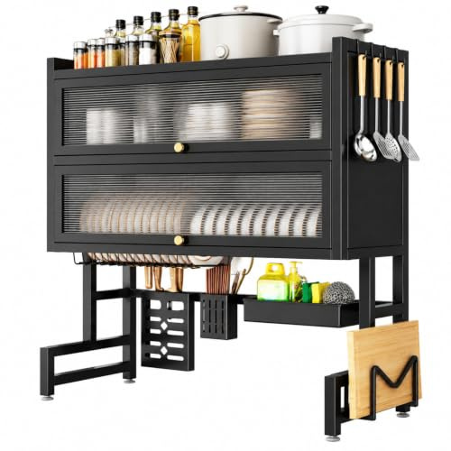 Yagosodee Over the Sink Dish Drying Rack, Large Capacity Dish Drainer Kitchen Dish Rack with Cover Cup Utensil Storage Holder for Kitchen Counter, Black
