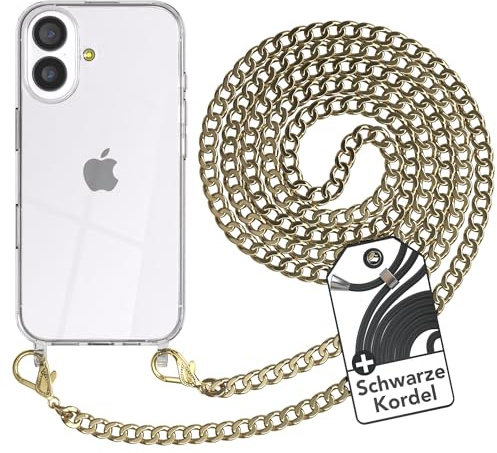 EAZY CASE Handykette kompatibel mit iPhone 17 Handyhülle mit Metall Umhängeband und Ersatz Kordel schwarz, Handykordel mit Schutzhülle, Stylische Kette, Metall - Gold
