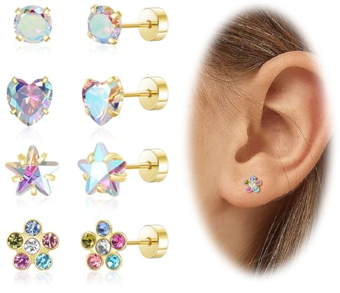Hypoallergenic Earrings for Girls Toddler Surgical Steel Screw Flat Back Stud Earrings for Sensitive Ears Women Gold Silver Earrings Cute Heart CZ Flower Pearl Ball Star Stud Earring Sets