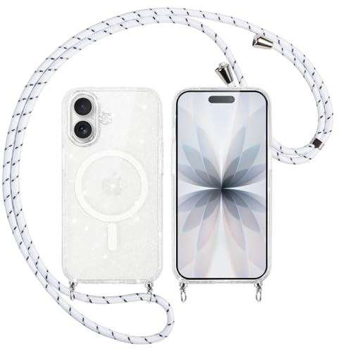 Yoedge HandyKette Hülle für iPhone 17 mit Band [Kompatibel mit MagSafe], Transparente Glitzer Magnetische Handyhülle Slim PC Stoßfest Kratzfest Schutzhülle mit Kette für iPhone 17 6,3, Weiß