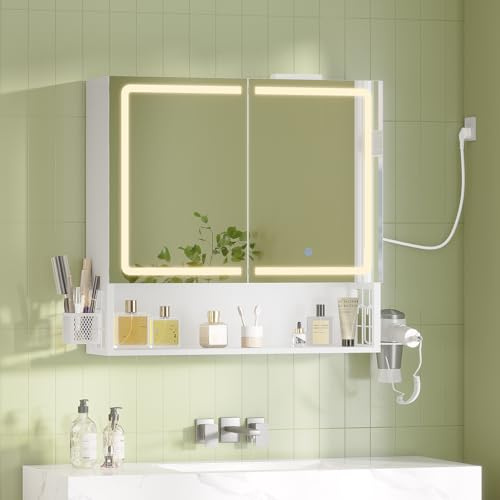 Badezimmer Spiegelschrank mit LED-Beleuchtung & Steckdose 70 cm Breit, Spiegelschrank Bad mit HD Spiegel, Verstellbarem Regal, 3 Farbtemperatur dimmbare, Doppeltür Badschrank,70×16×70 cm,Weiß