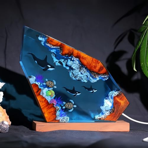 Drawelry 3D Harz Ozean Nachtlicht Tier Figuren Ornamente mit Holz Sockel Epoxidharz Marine Wale Haie Taucher Statue Mehrfarbige USB-Kabel Tischlampe für Wohnzimmer Schlafzimmer Kinderzimmer Deko (A12)