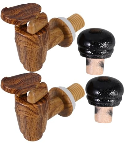 VICASKY Lot de 2 Sets de Bouchons Étanches Noirs et 2 Robinets Imitation Bois pour Fûts à Vin et Bière, Accessoires Universels Résistants à L'usure pour Seaux à Vin, Robinet Pratique