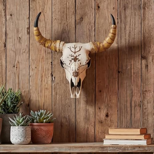 Mendler Deko Schädel HWC-Q11 In-/Outdoor 41cm | Polyresin, Stier, Bulle, Longhorn, Kopf, Trophäe, mit Verzierung