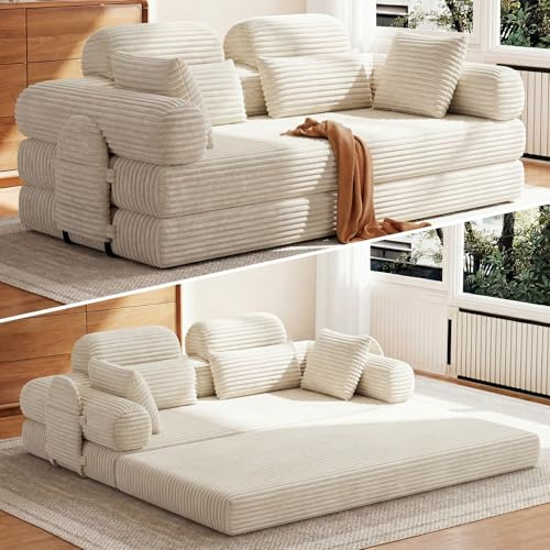 HOMRELEXA 200cm Convertible Folding Sofa Bed double, Cord Boneless Couch | High Backrest, Removable Armrest, 2 Seater Sofa with 2 Cushions, 2 Side Storage Pockets for Living Room, Beige