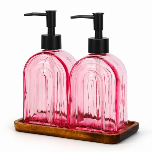 Topsky Glas Seifenspender Set 2 Stück 400 ml mit Holz-Tablett | Elegantes Rosa-Regenbogen-Muster für Küche & Bad–Nachfüllbare Handseifenspender für Spülmittel und Flüssigseife