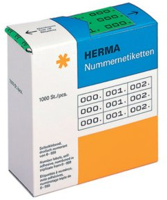 Herma Number Labels 0-999, Triple, 3000 Pieces, 22 x 10 mm, Self-Adhesive, Matte, Triple Sequential Paper Number Labels, Asset Numbers in Dispenser Box, Green