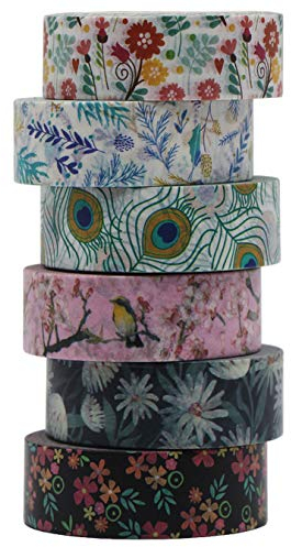 aufodara 6 Rollen Washi Tape Set dekorative Blumen und Vögel Mustern Klebeband Masking Tape für Scrapbooking DIY Handwerk 10m x 15mm- blumig