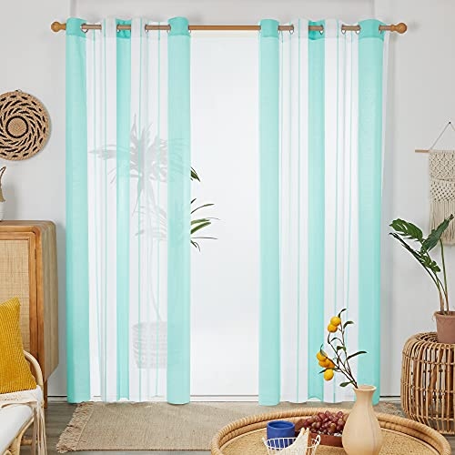 Deconovo Ösenschals in Leinenoptik, Transparente Gardinen Wohnzimmer, Vorhänge Durchsichtig Nadelstreifen, Gardinen Schlafzimmer, 229x140 cm(HöhexBreite), Blaugrün, 2er Set