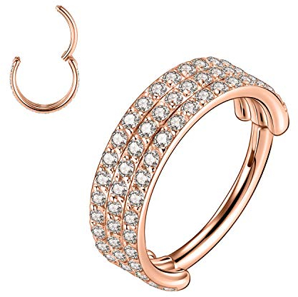 16G Triple Stacked CZ Daith Ringe 316L Chirurgischer Stahl Septum Clicker Ring Ohrmanschette Helix Clicker Scharnierring Unisex Creolen Conch Tragus Knorpel Lippenpiercing Schmuck 8mm Roségold