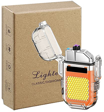 Outdoor Arc Electric Lighter USB Rechargeable Lighter LED Flashlight Double Arc Plasma Lighter Perfect for Camping Hiking Traveling (Orange)